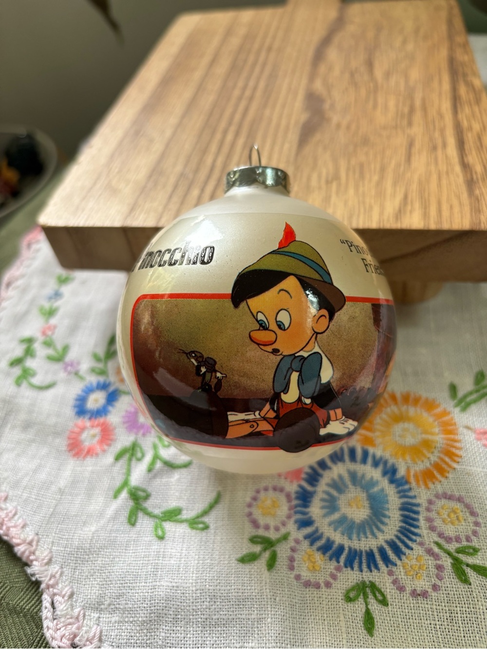 Disney Pinocchio Glass Holiday Ornament - Cream, Red, Blue, Green